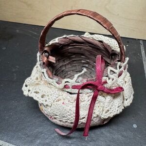 Miniature Woven Basket Crochet Lace Trim Floral Fabric Burgundy Ribbon Easter